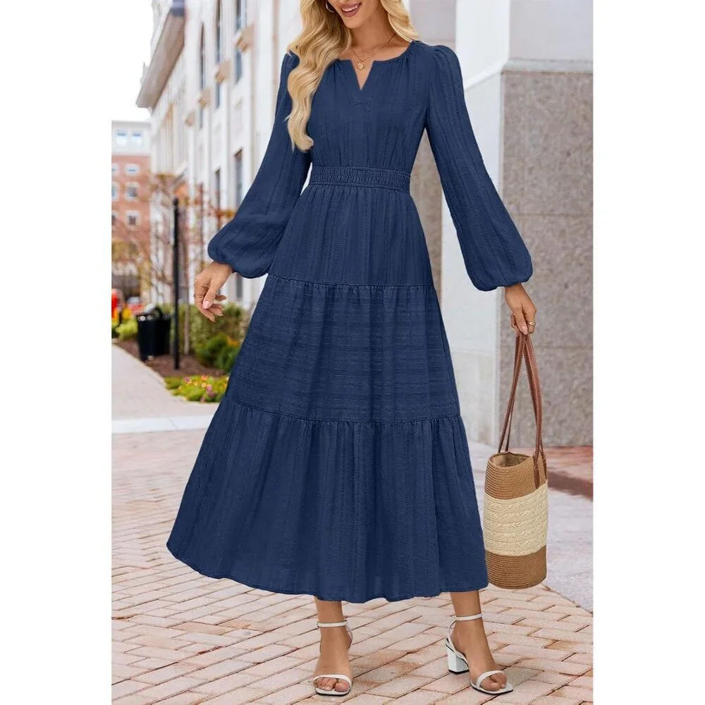 Winter Spring Midi Dresses for Women 2026 Casual Vacation Long Sleeve V Neck Tie - Picture 2 of 6